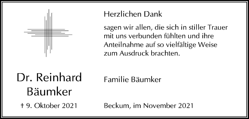  Traueranzeige für Reinhard Bäumker vom 06.11.2021 aus Die Glocke