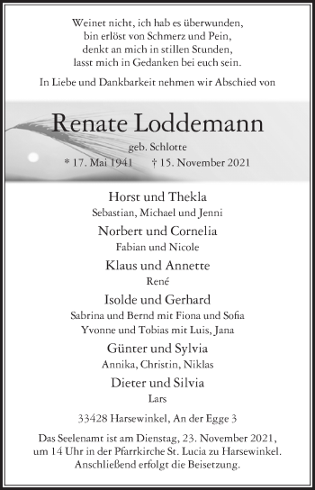 Traueranzeige von Renate Loddemann von Die Glocke