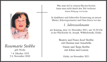 Traueranzeige von Rosemarie Stobbe von Die Glocke