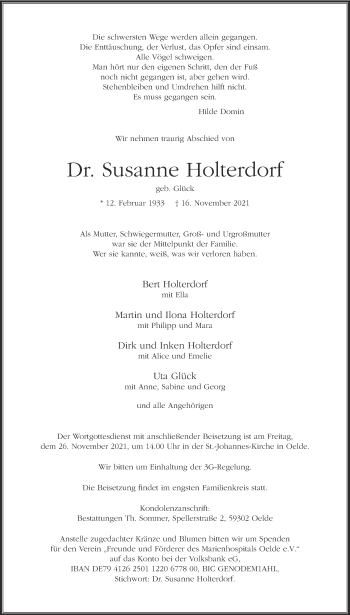 Traueranzeige von Susanne Holterdorf von Die Glocke