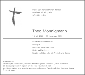 Traueranzeige von Theo Mönnigmann von Die Glocke