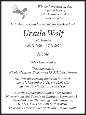 Traueranzeige von Ursula Wolf von Die Glocke
