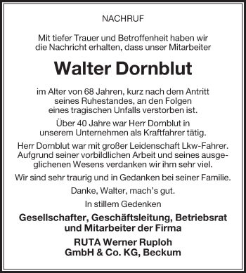 Traueranzeige von Walter Dornblut von Die Glocke