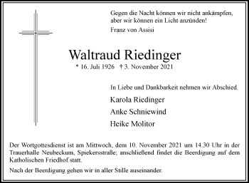 Traueranzeige von Waltraud Riedinger von Die Glocke