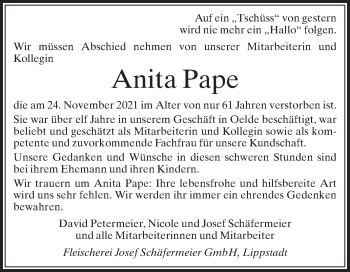 Traueranzeige von Anita Pape von Die Glocke
