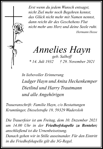 Traueranzeige von Annelies Hayn von Die Glocke