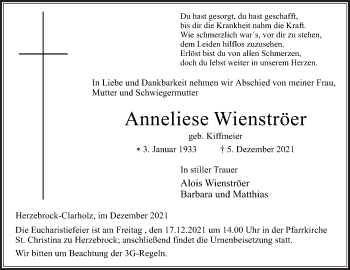 Traueranzeige von Anneliese Wienströer von Die Glocke