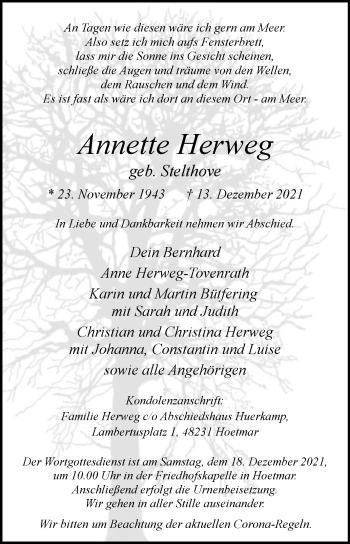 Traueranzeige von Annette Herweg von Die Glocke