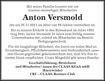 Traueranzeige von Anton Versmold von Die Glocke