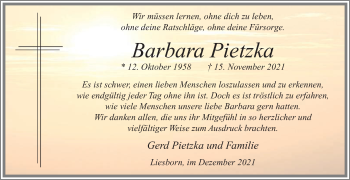 Traueranzeige von Barbara Pietzka von Die Glocke