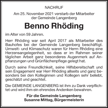 Traueranzeige von Benno Rhöding von Die Glocke
