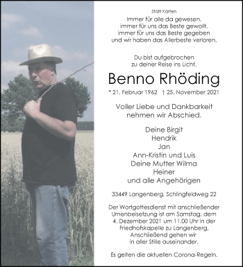Traueranzeige von Benno Rhöding von Die Glocke