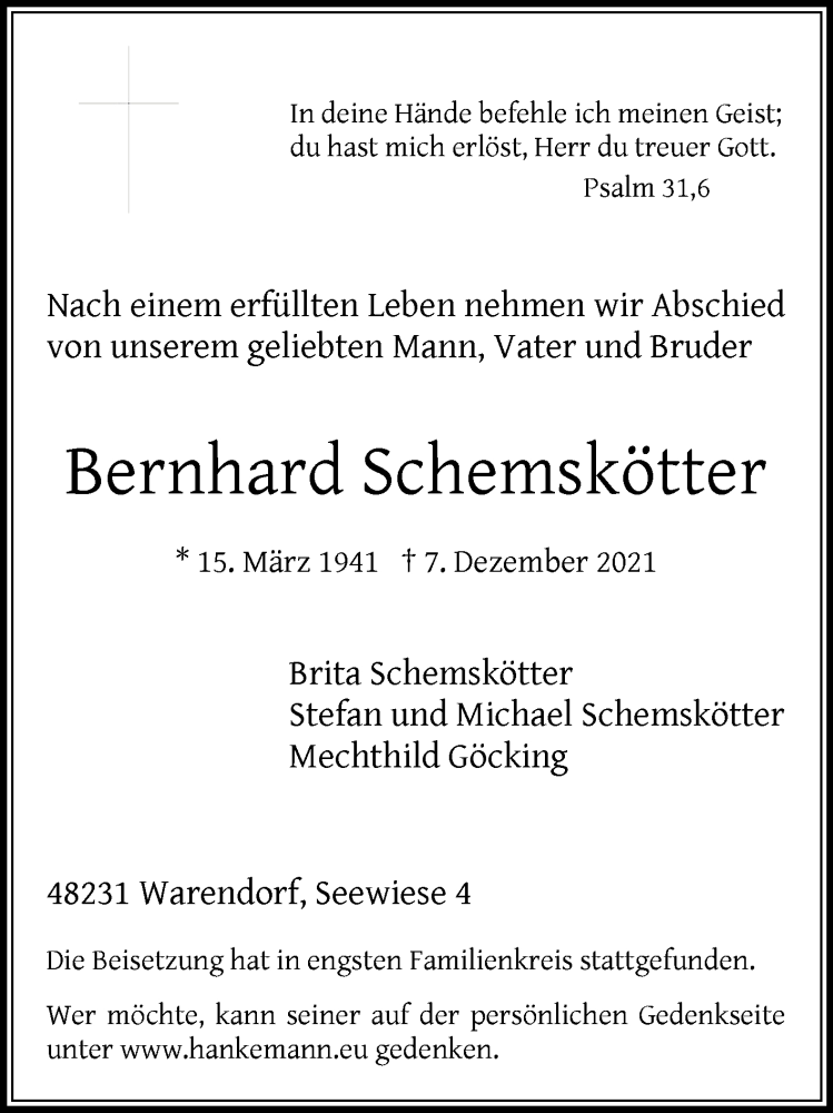  Traueranzeige für Bernhard Schemskötter vom 18.12.2021 aus Die Glocke