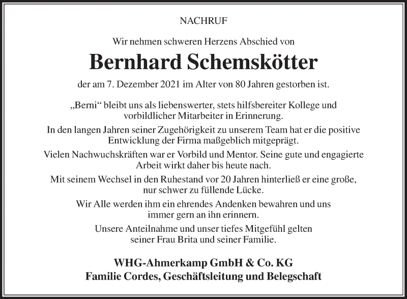  Traueranzeige für Bernhard Schemskötter vom 24.12.2021 aus Die Glocke