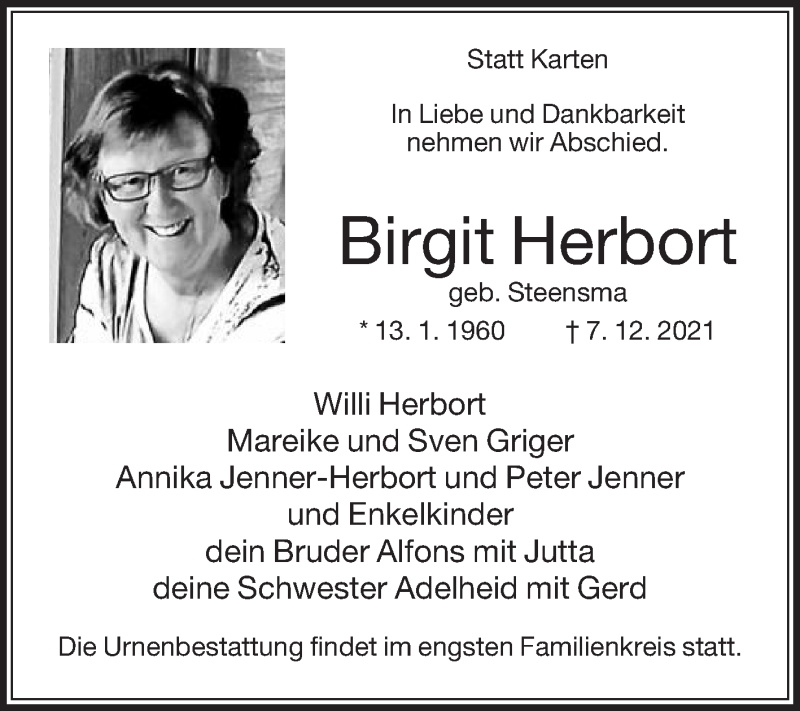  Traueranzeige für Birgit Herbort vom 18.12.2021 aus Die Glocke