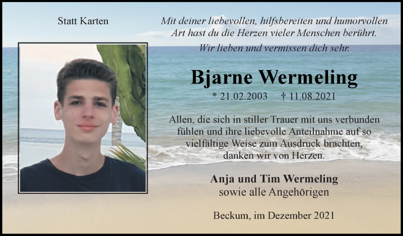  Traueranzeige für Bjarne Wermeling vom 04.12.2021 aus Die Glocke
