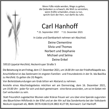 Traueranzeige von Carl Hanhoff von Die Glocke