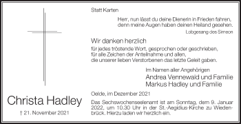 Traueranzeige von Christa Hadley von Die Glocke