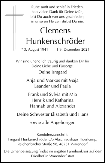 Traueranzeige von Clemens Hunkenschröder von Die Glocke