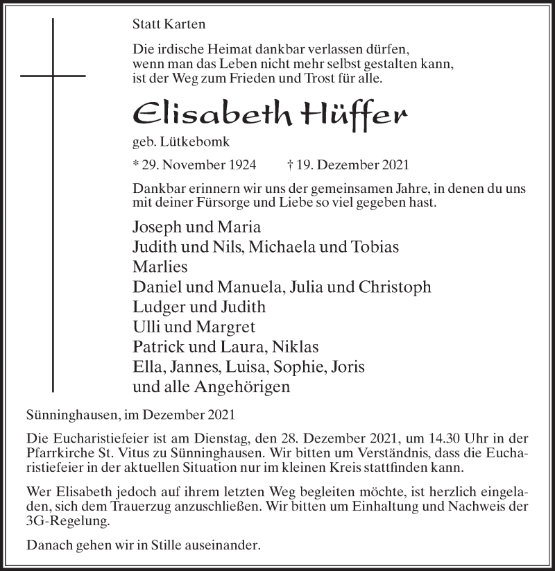  Traueranzeige für Elisabeth Hüffer vom 24.12.2021 aus Die Glocke