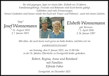 Traueranzeige von Elsbeth Wonnemann von Die Glocke