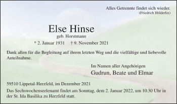 Traueranzeige von Else Hinse von Die Glocke