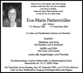 Traueranzeige von Eva-Maria Nattermüller von Die Glocke
