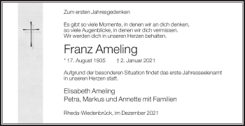 Traueranzeige von Franz Ameling von Die Glocke