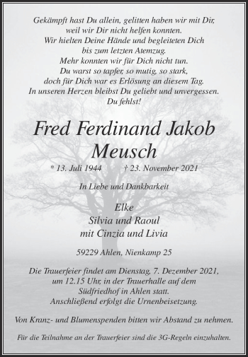 Traueranzeige von Fred Ferdinand Meusch von Die Glocke
