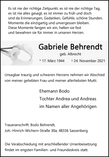 Traueranzeige von Gabriele Behrendt von Die Glocke