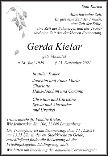 Traueranzeige von Gerda Kielar von Die Glocke