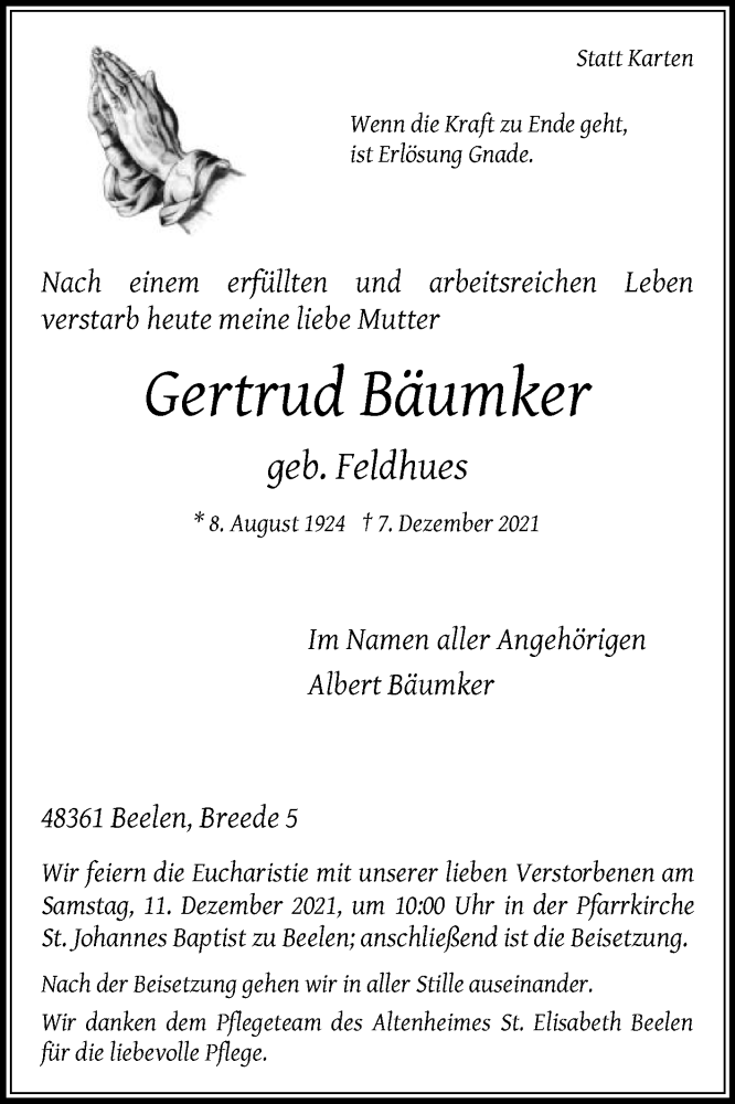  Traueranzeige für Gertrud Bäumker vom 09.12.2021 aus Die Glocke