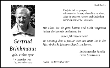 Traueranzeige von Gertrud Brinkmann von Die Glocke