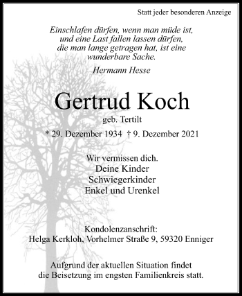 Traueranzeige von Gertrud Koch von Die Glocke