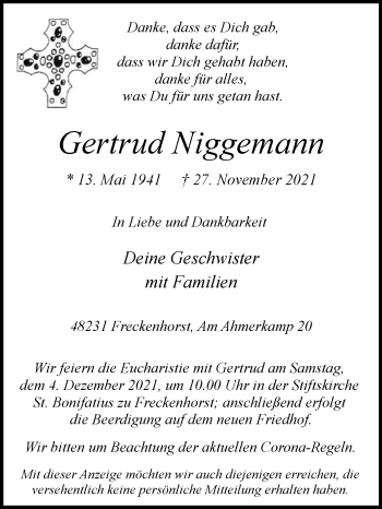 Traueranzeige von Gertrud Niggemann von Die Glocke