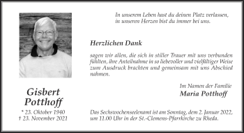 Traueranzeige von Gisbert Potthoff von Die Glocke
