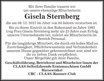 Traueranzeige von Gisela Sternberg von Die Glocke