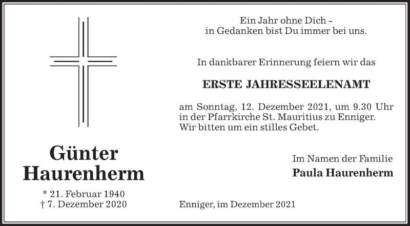  Traueranzeige für Günter Haurenherm vom 11.12.2021 aus Die Glocke