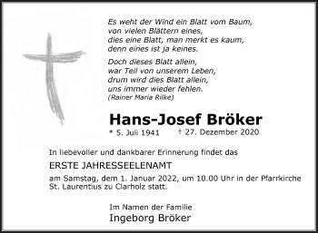 Traueranzeige von Hans-Josef Bröker von Die Glocke