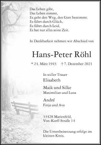 Traueranzeige von Hans-Peter Röhl von Die Glocke