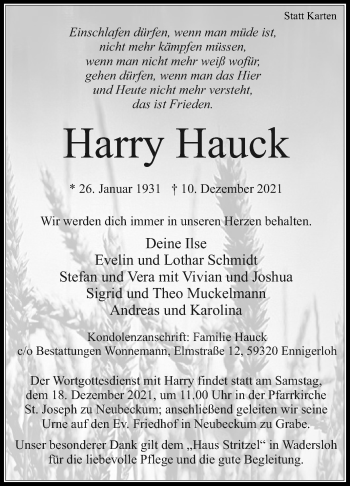 Traueranzeige von Harry Hauck von Die Glocke