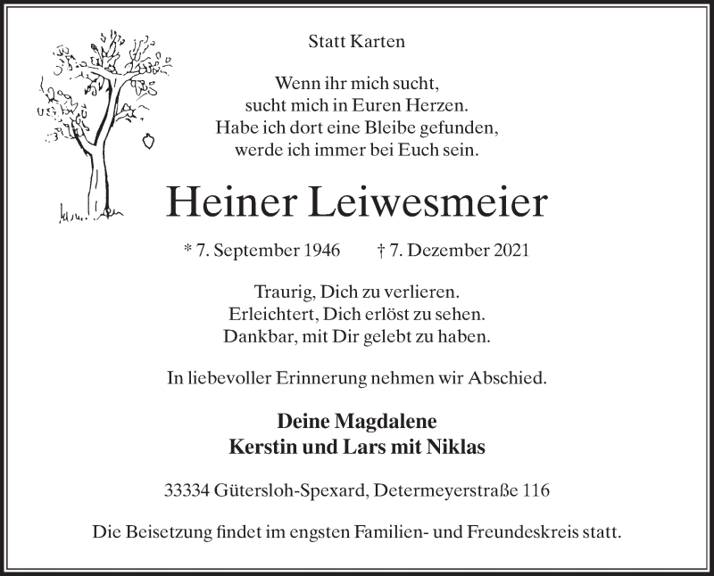  Traueranzeige für Heiner Leiwesmeier vom 09.12.2021 aus Die Glocke