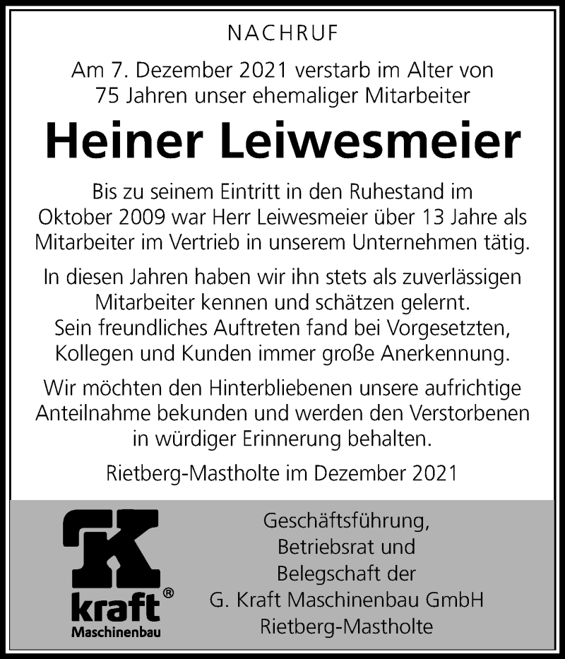  Traueranzeige für Heiner Leiwesmeier vom 11.12.2021 aus Die Glocke