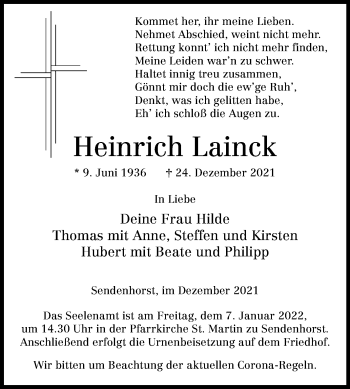 Traueranzeige von Heinrich Lainck von Die Glocke