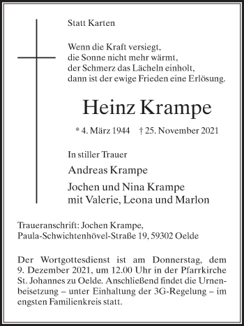 Traueranzeige von Heinz Krampe von Die Glocke