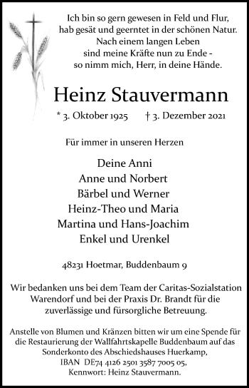 Traueranzeige von Heinz Stauvermann von Die Glocke