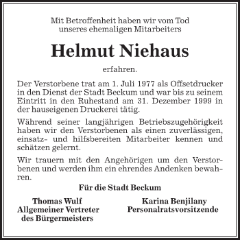 Traueranzeige von Helmut Niehaus von Die Glocke