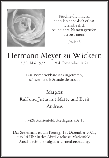 Traueranzeige von Hermann Meyer zu Wickern von Die Glocke