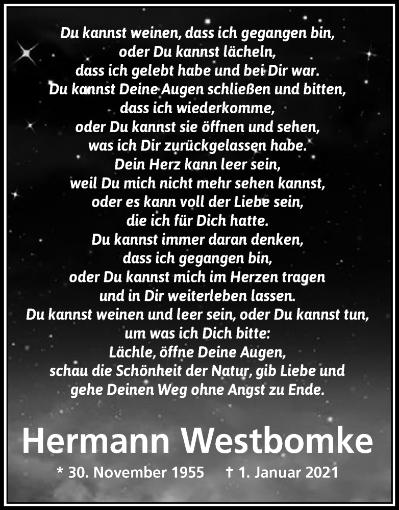  Traueranzeige für Hermann Westbomke vom 31.12.2021 aus Die Glocke
