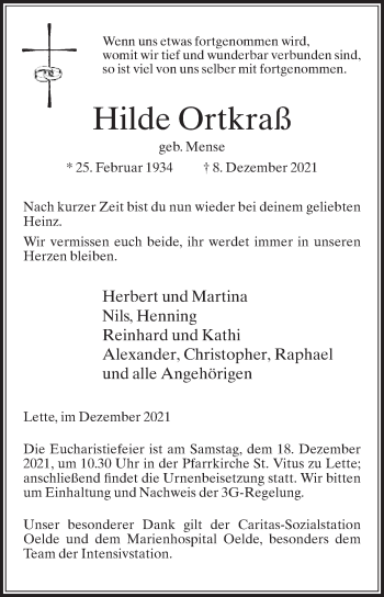 Traueranzeige von Hilde Ortkraß von Die Glocke